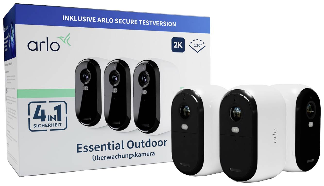 'Arlo Essential Outdoor Security Camera' packaging with two cameras beside it. Text reads: '4-in-1 Security', '2K', 130° Field of View.