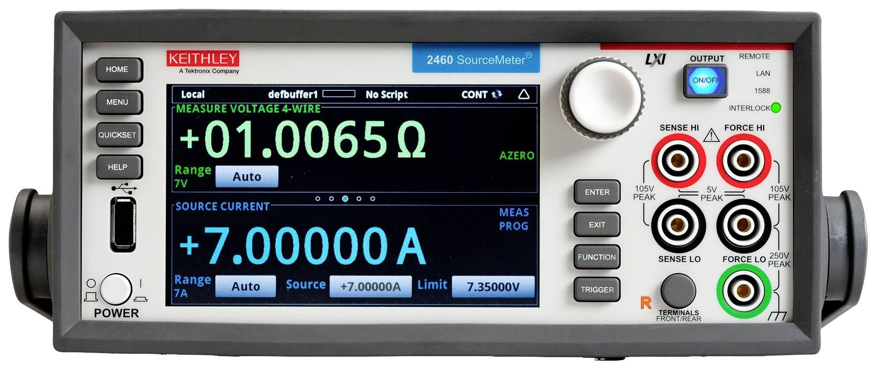 Electronic measuring device with display: 'MEASURE VOLTAGE - 01.0065Ω', 'SOURCE CURRENT - 7.00000A'. Multiple connection sockets on the right-hand side.