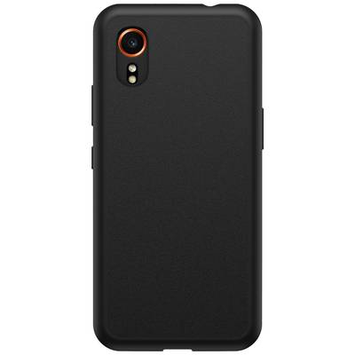 Black smartphone back with camera lens in the top left, surrounded by an orange ring, and an LED flash beneath it.