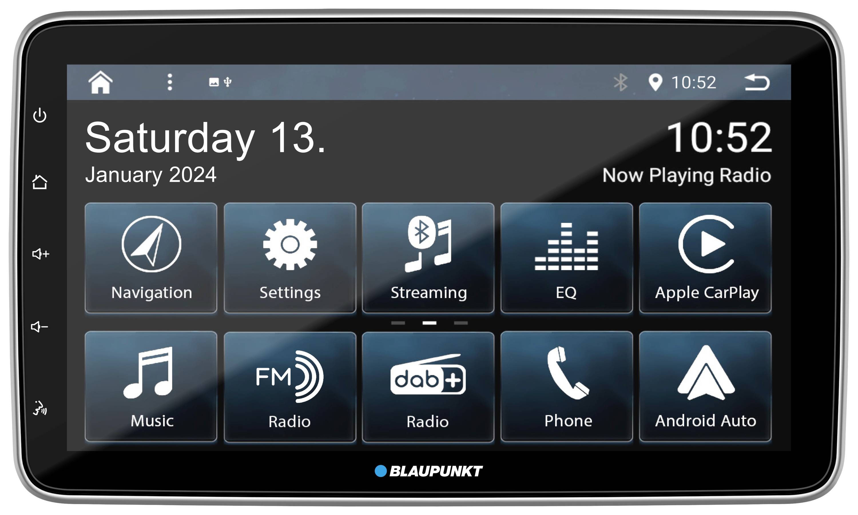 A digital display shows a car radio control panel with time (10:52) and date (Saturday, 13 January 2024). Application icons: Navigation, Settings, Streaming and more.