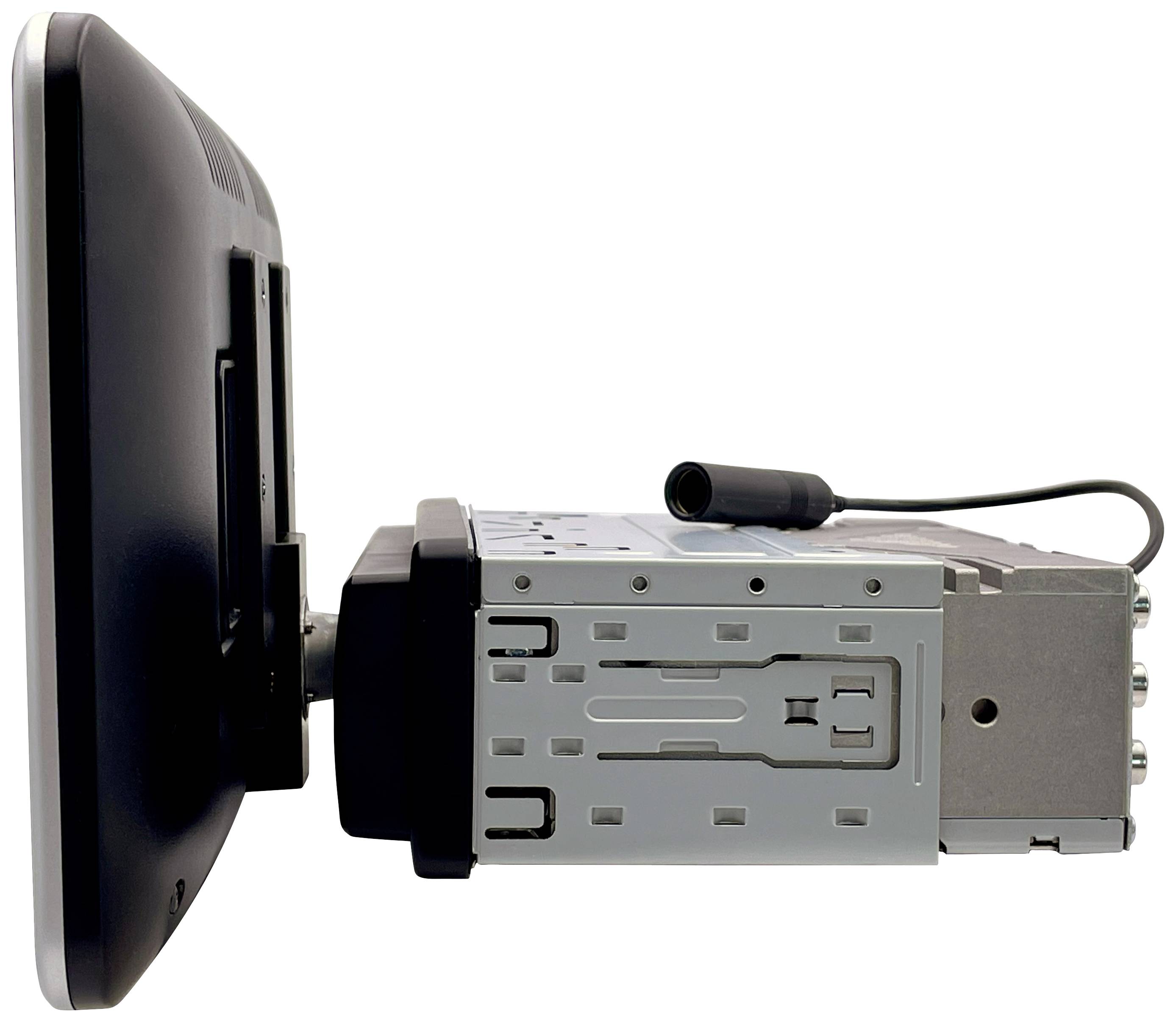 Side view of a monitor with a black screen and silver stand. A cable is discreetly connected at the back.