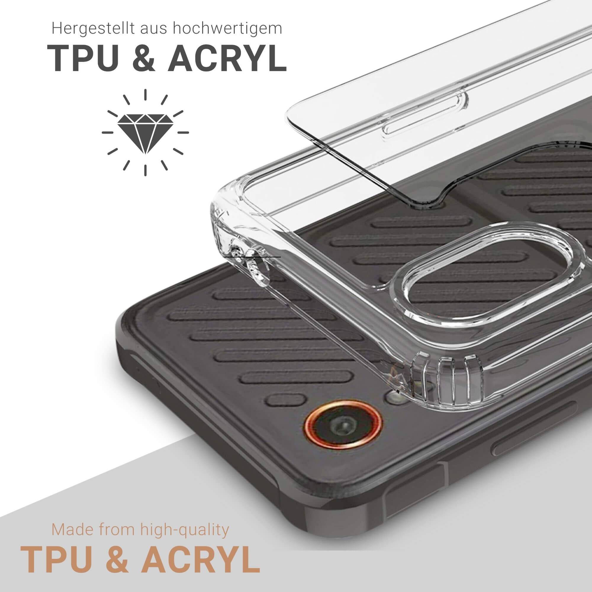 'TPU & Acrylic' phone case made of clear material showcases protective and design features to safeguard the smartphone and emphasise its design.