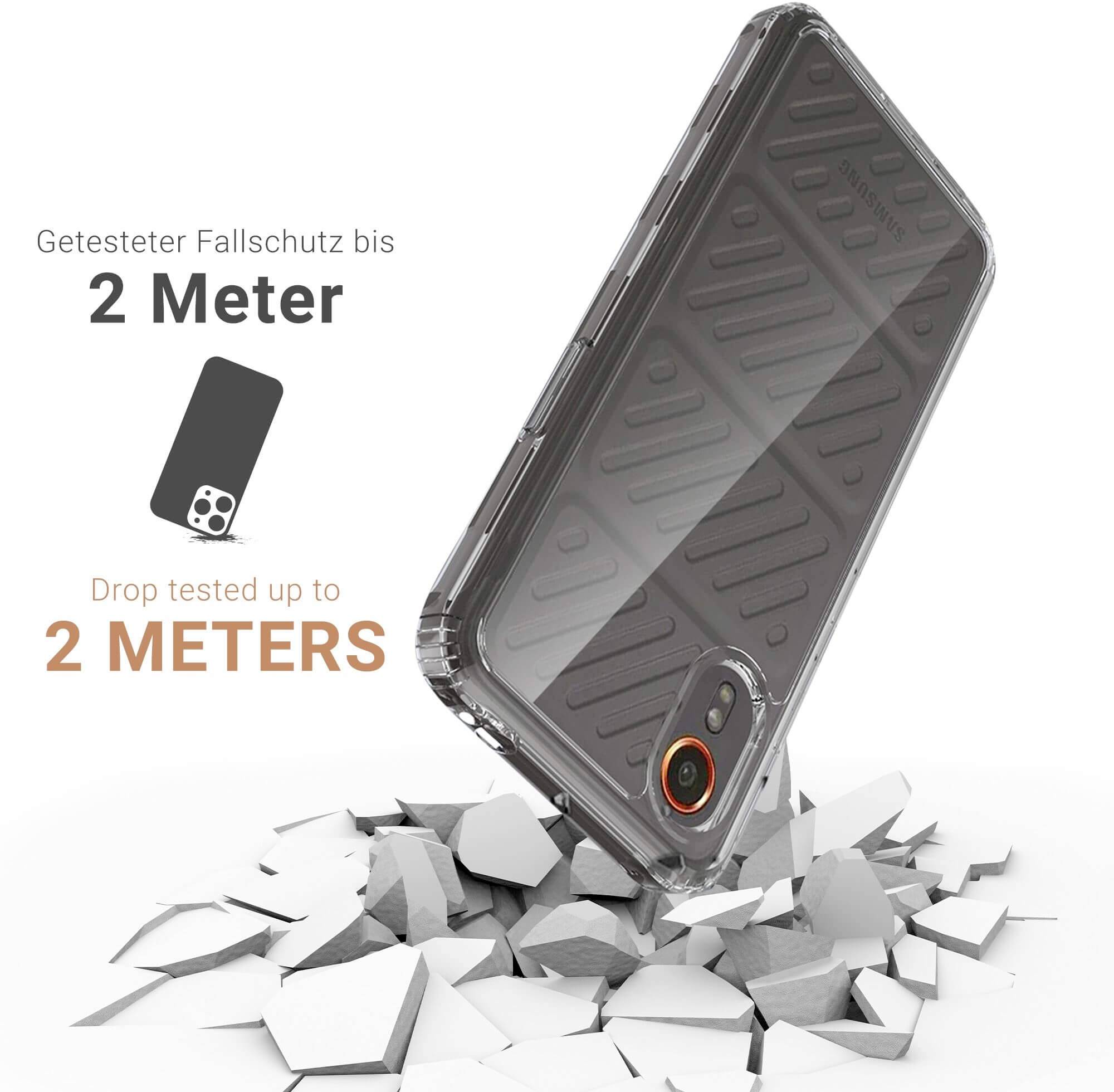 Smartphone case on broken ground, text reads 'Tested drop protection up to 2 metres', showing a robust case for impact resistance.