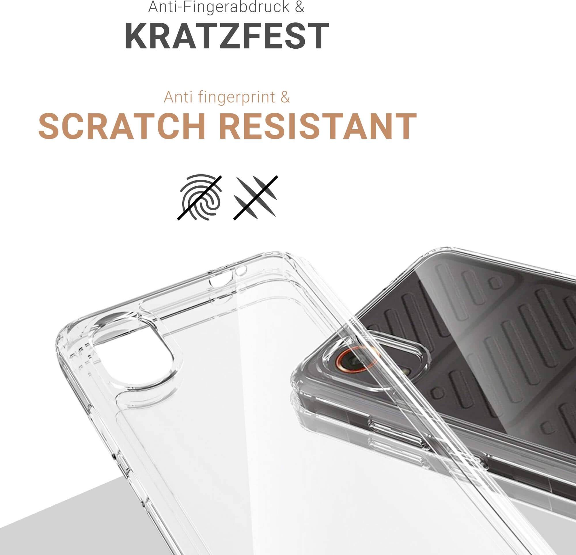 Transparent smartphone protective case, scratch-resistant and anti-fingerprint, with icons indicating fingerprint and scratch resistance.