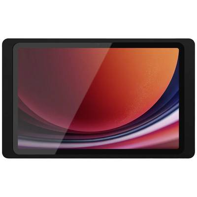 Tablet with a black frame and an abstract, colourful background in red and blue tones on the screen.