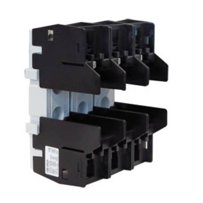 Black electric switch drive with multiple slots, side view. Primary component for electrical wiring.