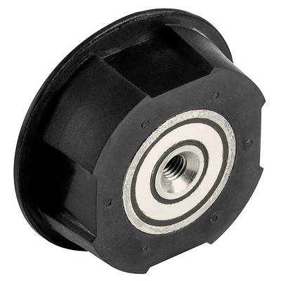 A round, black machine component with a silver-coloured, concentric threaded hole, potentially a damping element.