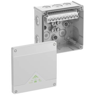 Grey plastic distribution box housing with open lid, internal connections and cable entries visible. Lid shows IP protection symbols.
