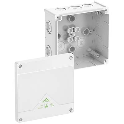 Plastic junction box with removable cover, without visible connections. Suitable for electrical installations in interior areas.