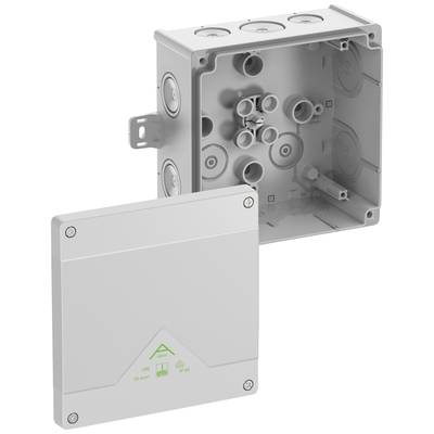 Grey, square plastic junction box with an open cover. Several cable entries are visible inside.