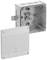 Grey, square plastic junction box with an open cover. Several cable entries are visible inside.