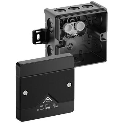 Electrical junction box with a removable lid, showing cable entry points and mounting bracket. Suitable for indoor and outdoor applications (IP66).