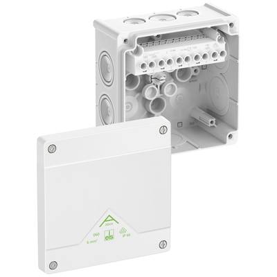 Electrical junction box with an open lid, showing internal wiring options and multiple cable entry points.
