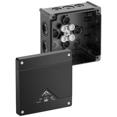 Black junction box with a removable lid, cable entries and mounting spaces for electrical components are visible.