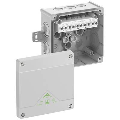 Electrical distribution box made of plastic, opened, showing internal connections and cable entries, with a screw-on lid beside it.
