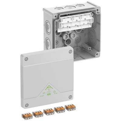 A grey enclosure with a removable lid and multiple cable connectors, suitable for electrical installations in both indoor and outdoor environments.