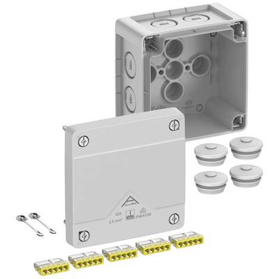 Grey module with removable cover, yellow terminals and screws. Used for secure wiring, open and closed view shown.
