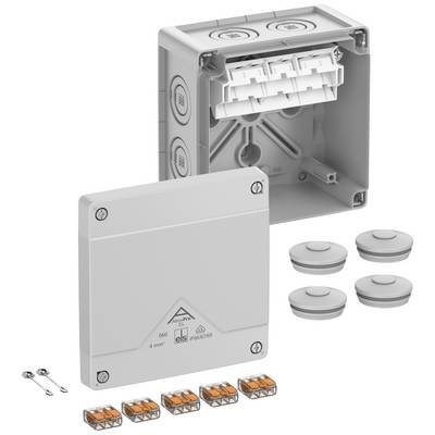 Grey-white installation junction box with removable lid, four cable clamps, four round sealing plugs, and two mounting pins.