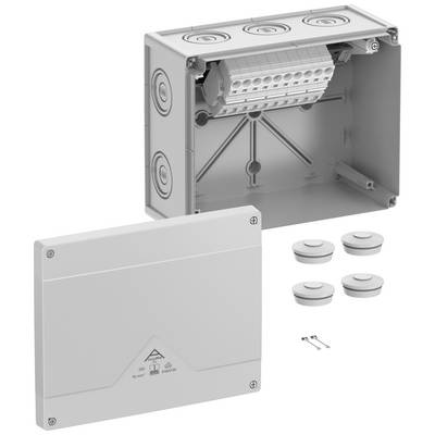 Grey-white junction box with removable cover, internally fitted with terminal strips. Suitable for electrical wiring. Includes additional caps and screws.
