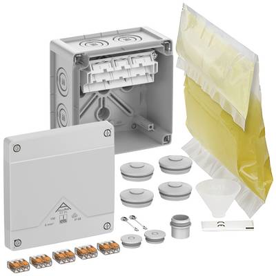 Electronic kit with enclosure, various connectors, cable clamps, and a sealed liquid pouch for insulation.