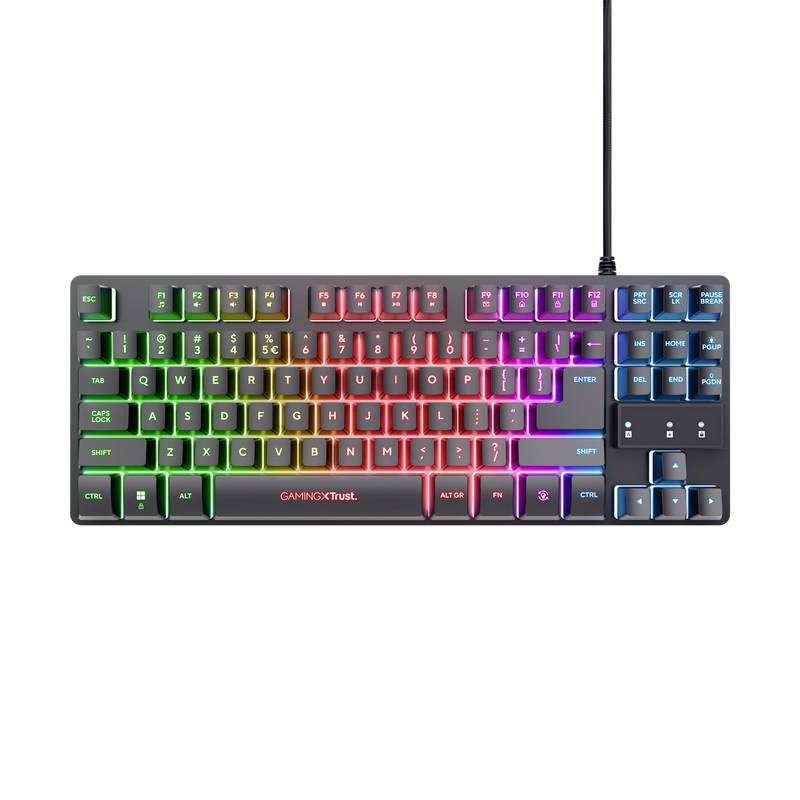 Black gaming keyboard with RGB lighting that illuminates in rainbow colours. Compact with number pad and function keys.
