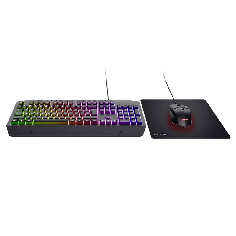 Computer keyboard with rainbow backlighting and black mouse on mousemat side by side.