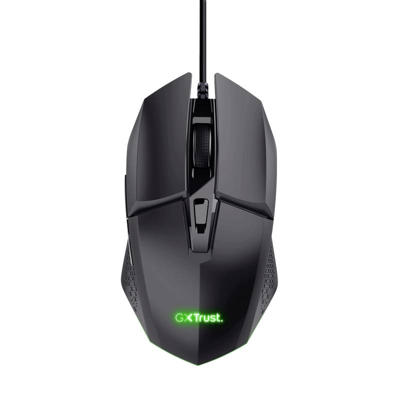Black wired gaming mouse. Illuminated 'Trust GX' logo on the top surface. Suitable for PC gaming.