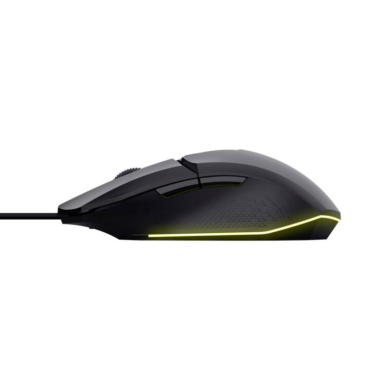 Black computer mouse with cable, side view. Yellow light strip on the side. Ergonomic design for comfortable working.