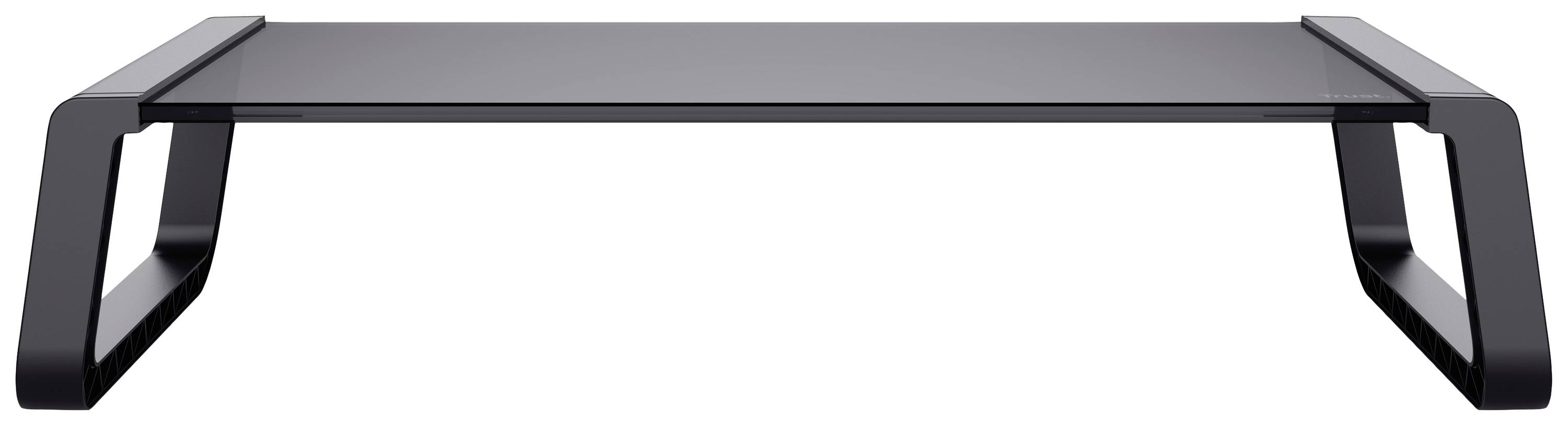 A black metal monitor stand with a modern design, flat surface, and curved, sturdy legs.