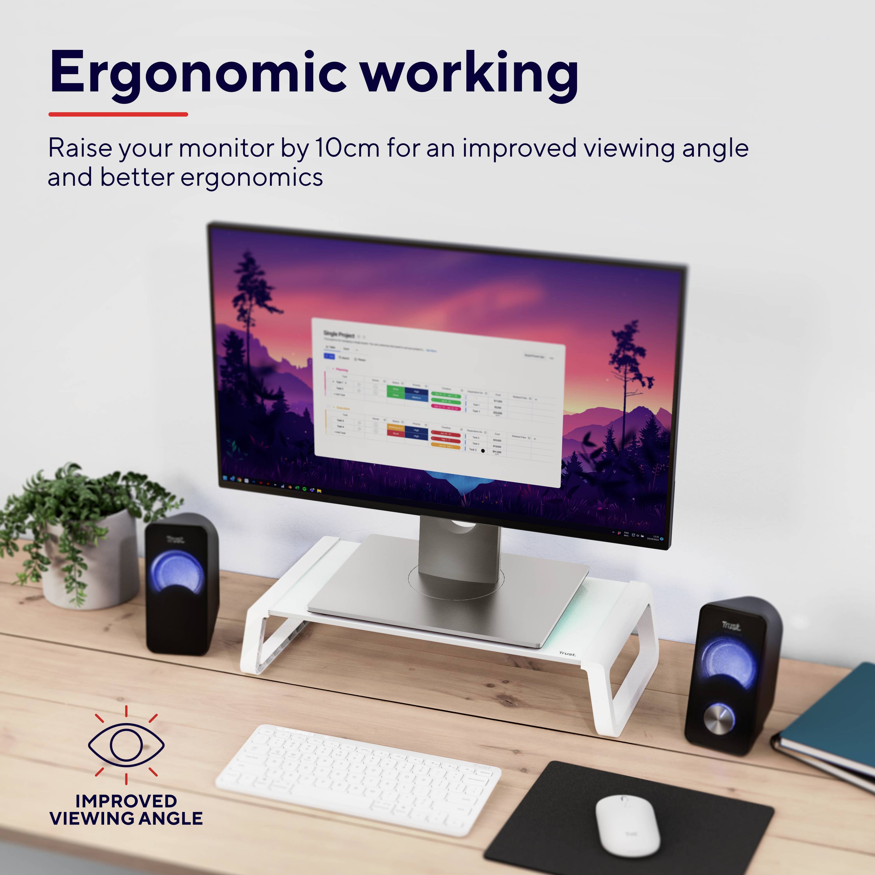 'Ergonomic Working: Raise Your Monitor by 10 cm for a Better Viewing Angle and Improved Ergonomics. Image shows monitor on elevation.'