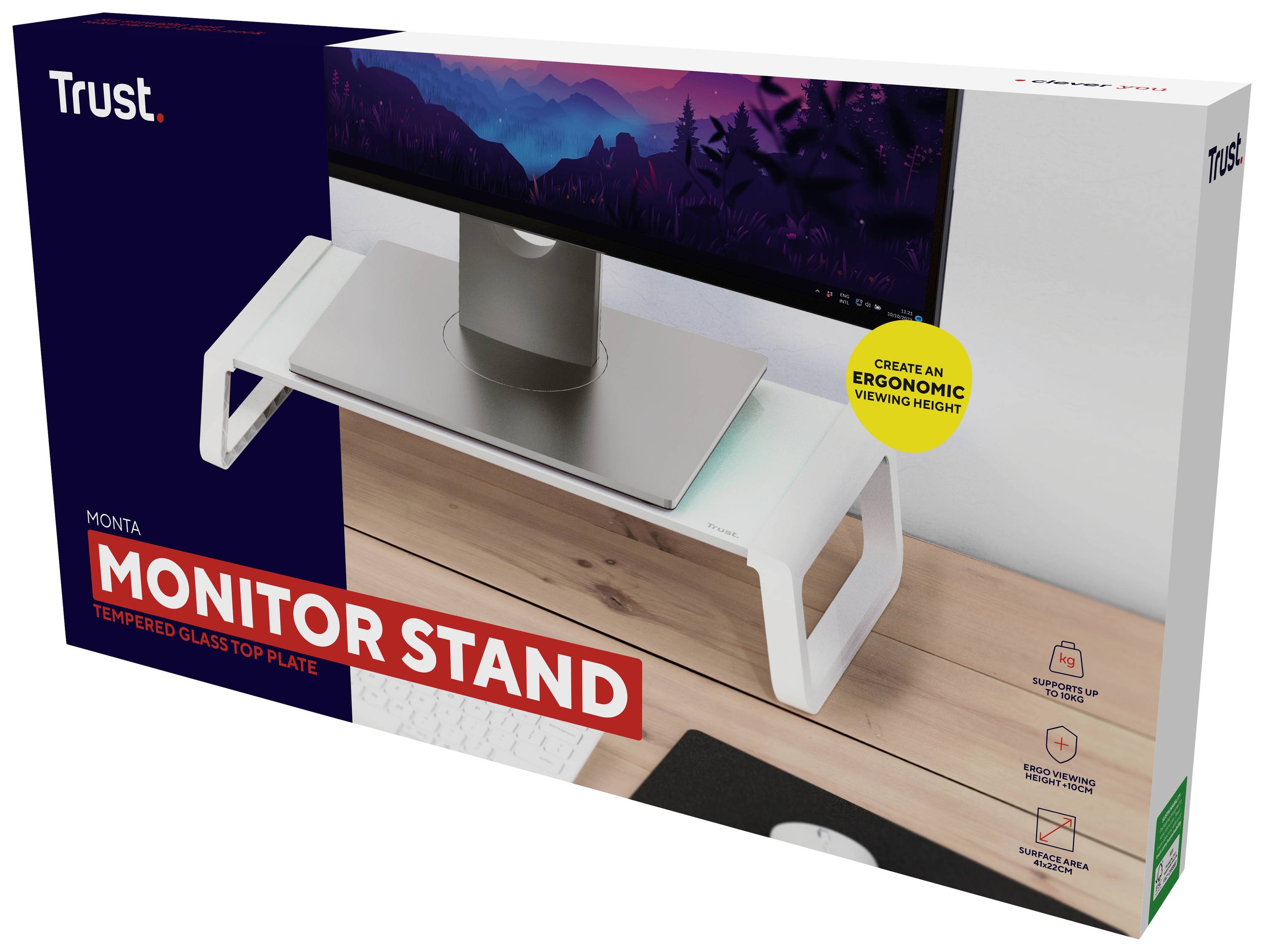Packaging for a monitor stand made of tempered glass; raises visibility and provides space for accessories. Brand: Trust.