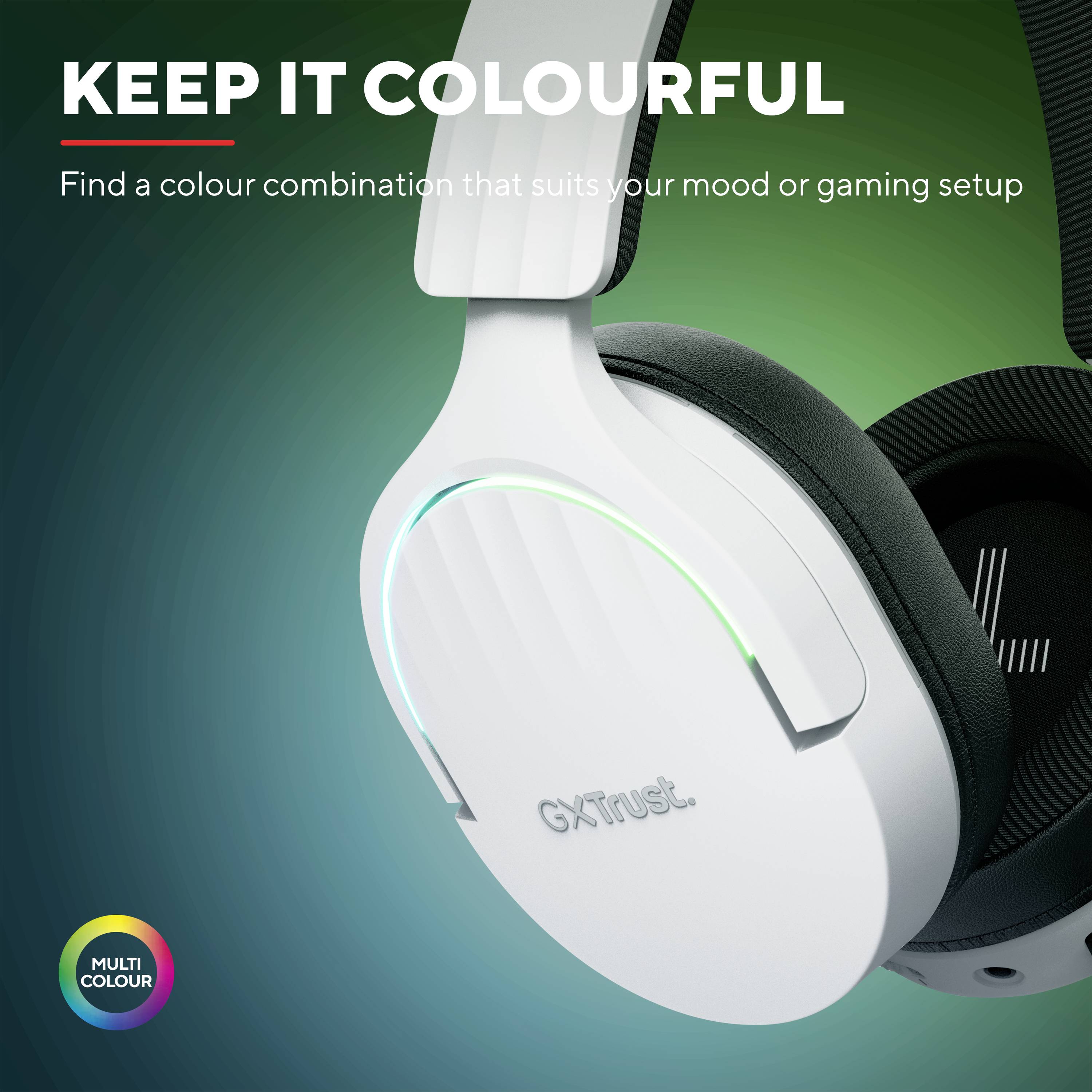 'Show Your Colours' reveals white gaming headphones with multi-coloured lights that complement various gaming setups.