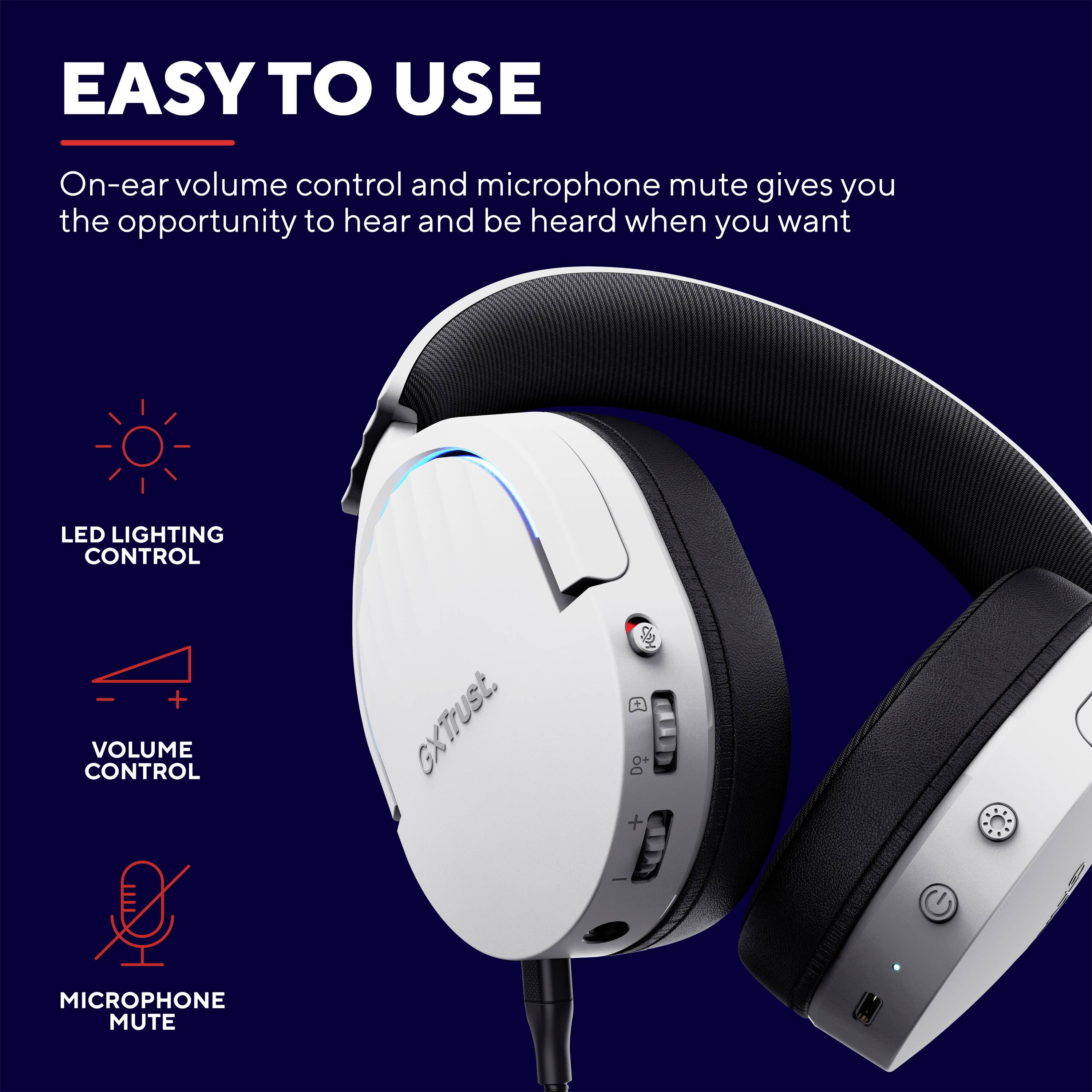 Image of a white headset with a black headband and controls. Text: 'User-friendly' - Functions explained.