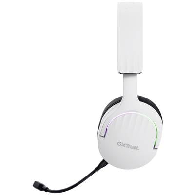 A white gaming headset with a microphone, viewed from the side. Illuminates in various colours along the ear cup. Brand 'GX Trust'.