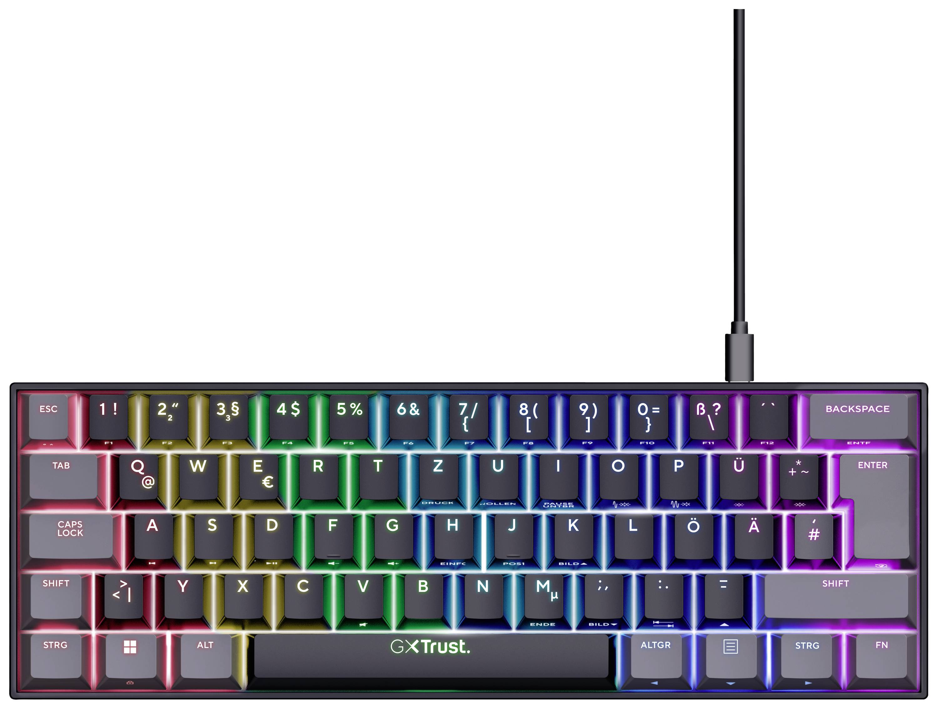 Computer keyboard with RGB backlighting, number row at the top, 'GXT' logo at the bottom. Cable connection at the top right, no numeric keypad.