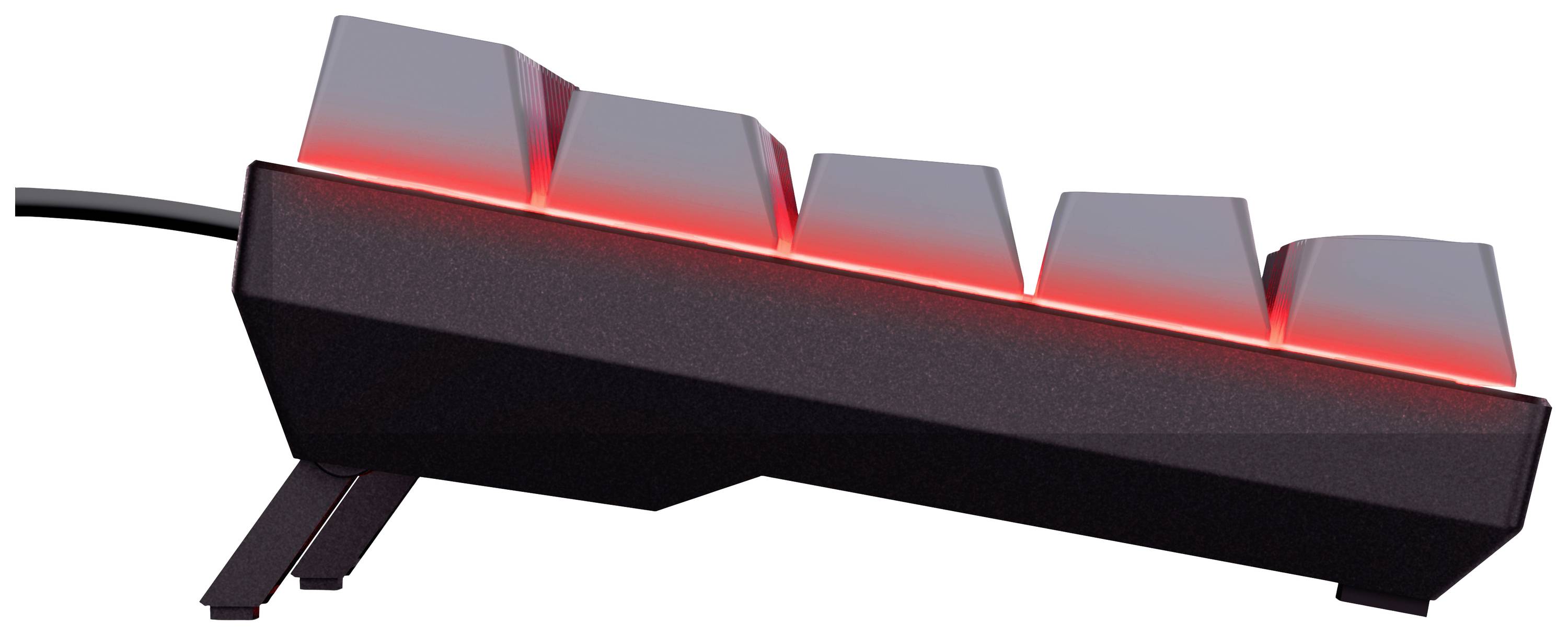A keyboard with red backlighting, viewed from the side. The keys are slightly angled to enable ergonomic typing.