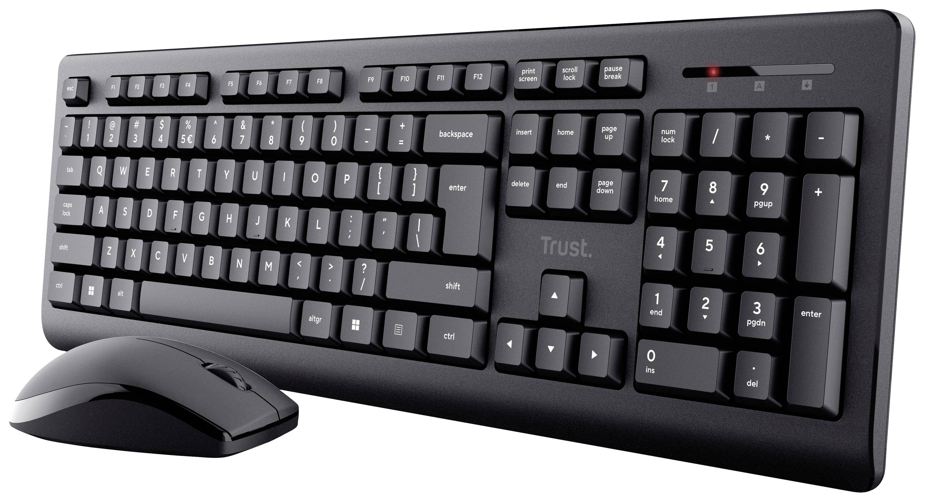 Black wireless keyboard with numeric keypad and matching mouse by Trust on white background.