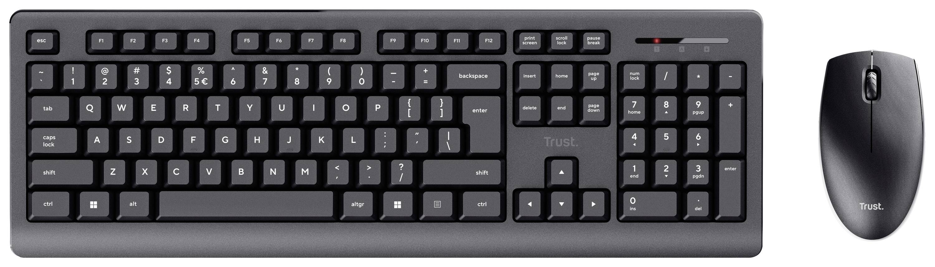 Black wireless keyboard and mouse set on white background. The keyboard features a full layout with numeric keypad.
