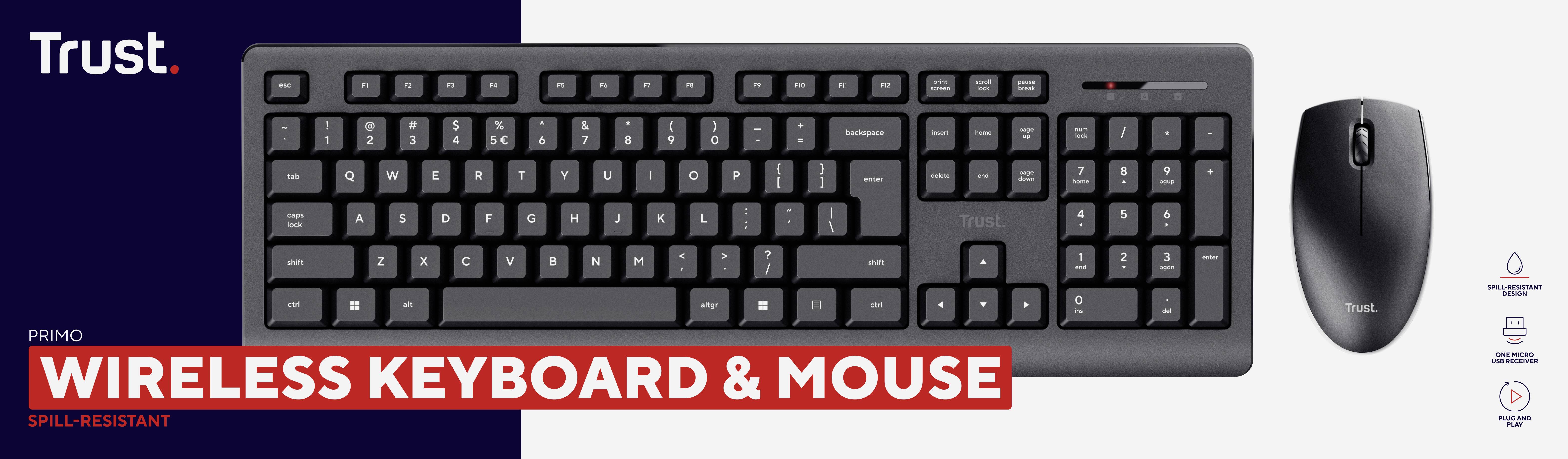Wireless keyboard and mouse by Trust, Primo model, splash-proof. Keyboard with full layout, black colour.