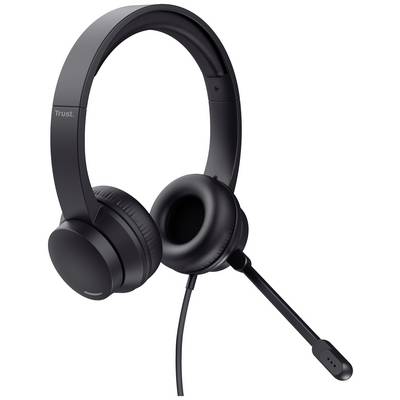 Black headset with microphone arm, suitable for computer or telephone calls. Comfortable ear cushions and adjustable headband.