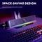 Soundbar beneath a PC monitor on a desk. Text: 'Space-saving design', measures 70 mm high and 400 mm wide.