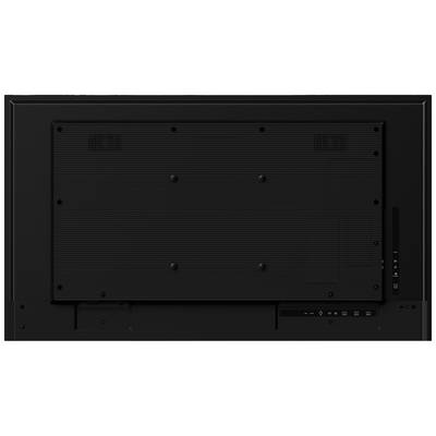 Back of a black television with various connection options and ventilation slots.