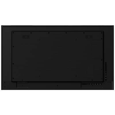 The back of a large, black flat-screen television mounted on a white wall, with connections located on the bottom right side.