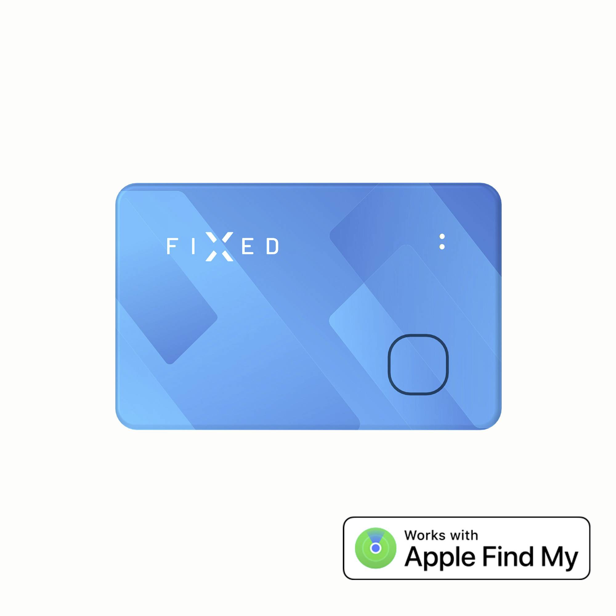 Tracking device in a rectangular form with blue design, logo at the top, three dots on the right. 'Works with Apple Find My' logo in the bottom right.