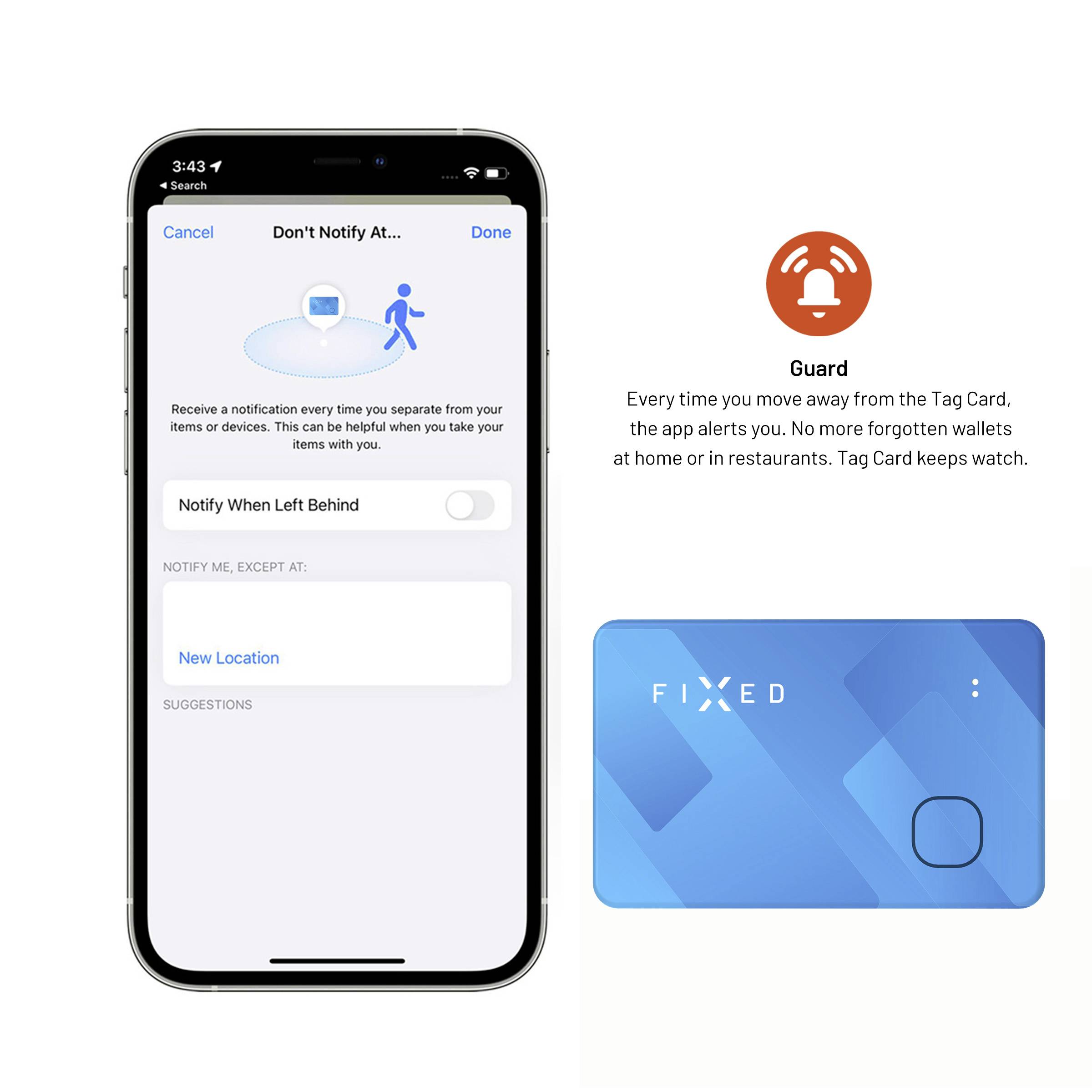 A smartphone displays a notification setting for lost items. Next to it is a description of the 'Guard' function and a blue FIXED card that protects against loss.