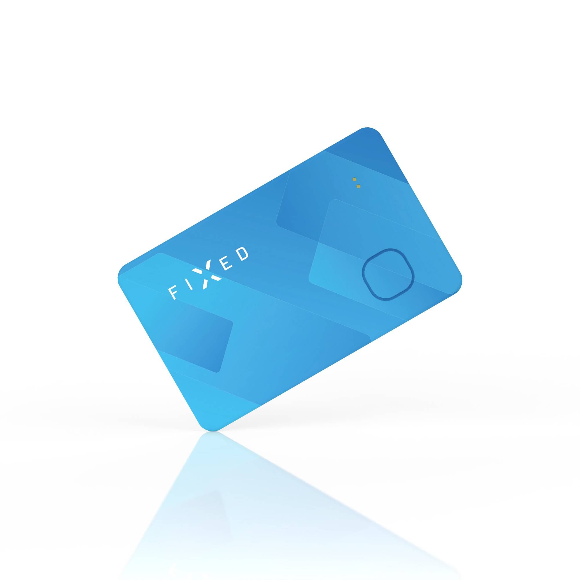 Blue, diagonally positioned card motif with the text 'FIXED', reflected on a glossy surface.