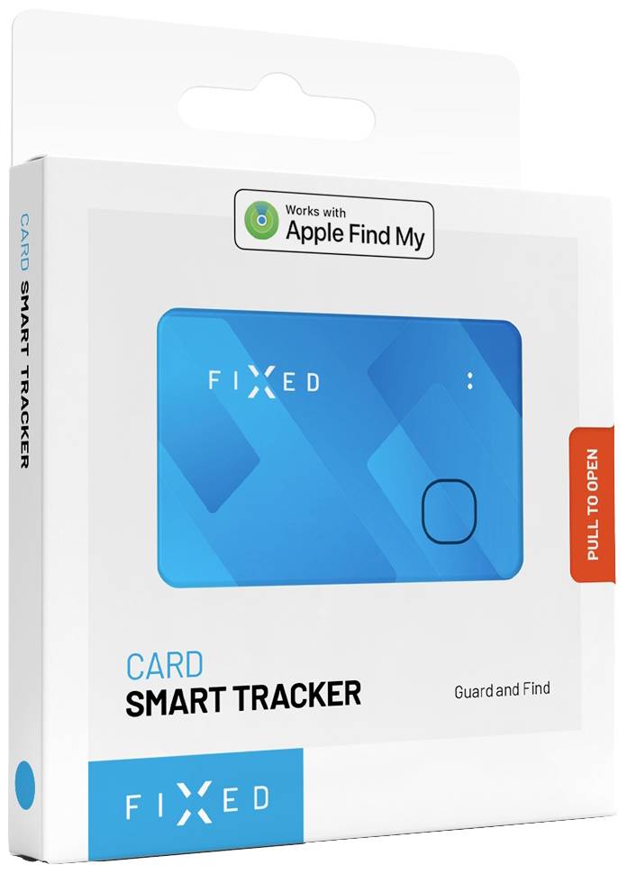 Packaging for a FIXED Card Smart Tracker compatible with 'Apple Find My'. Contains the instruction 'Pull to open'.