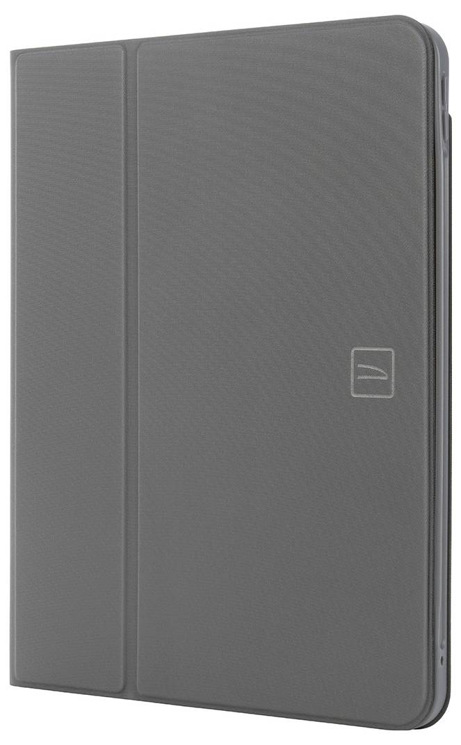Gray folio-style tablet case cover closed, with a subtle logo near the lower right.