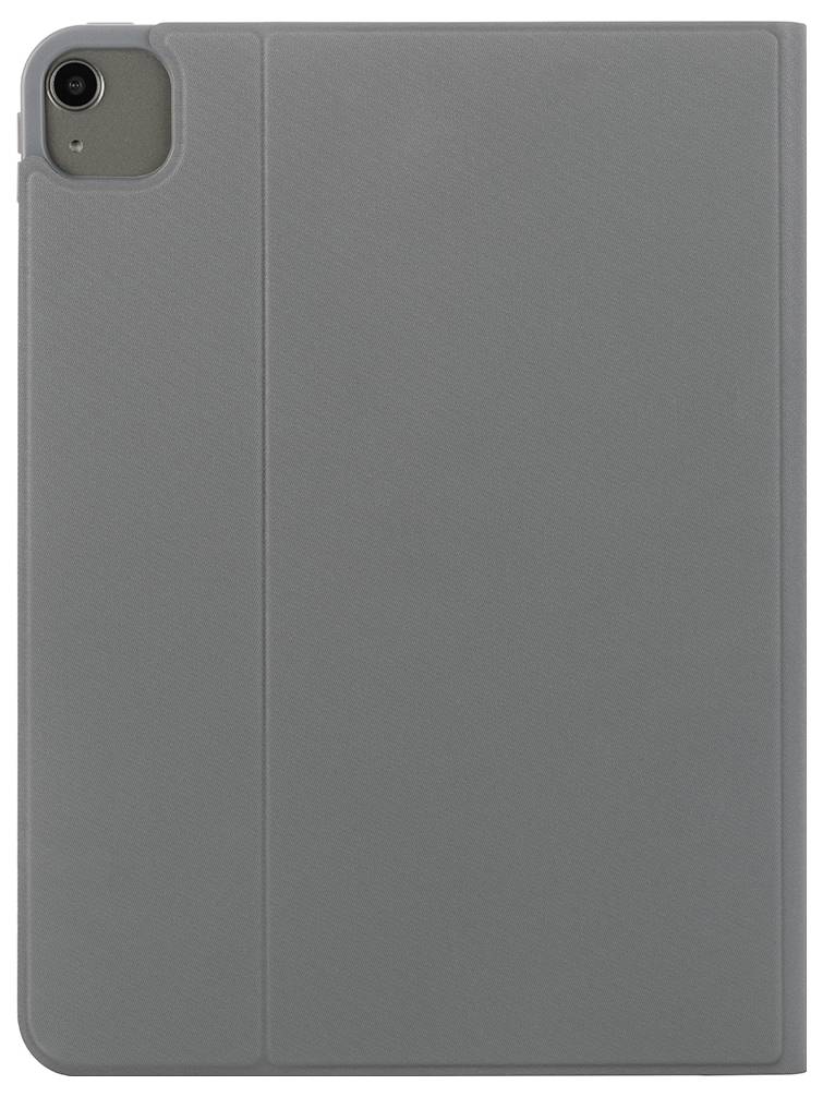 Gray folio-style tablet case with a rear camera cutout, shown closed against a plain white background.
