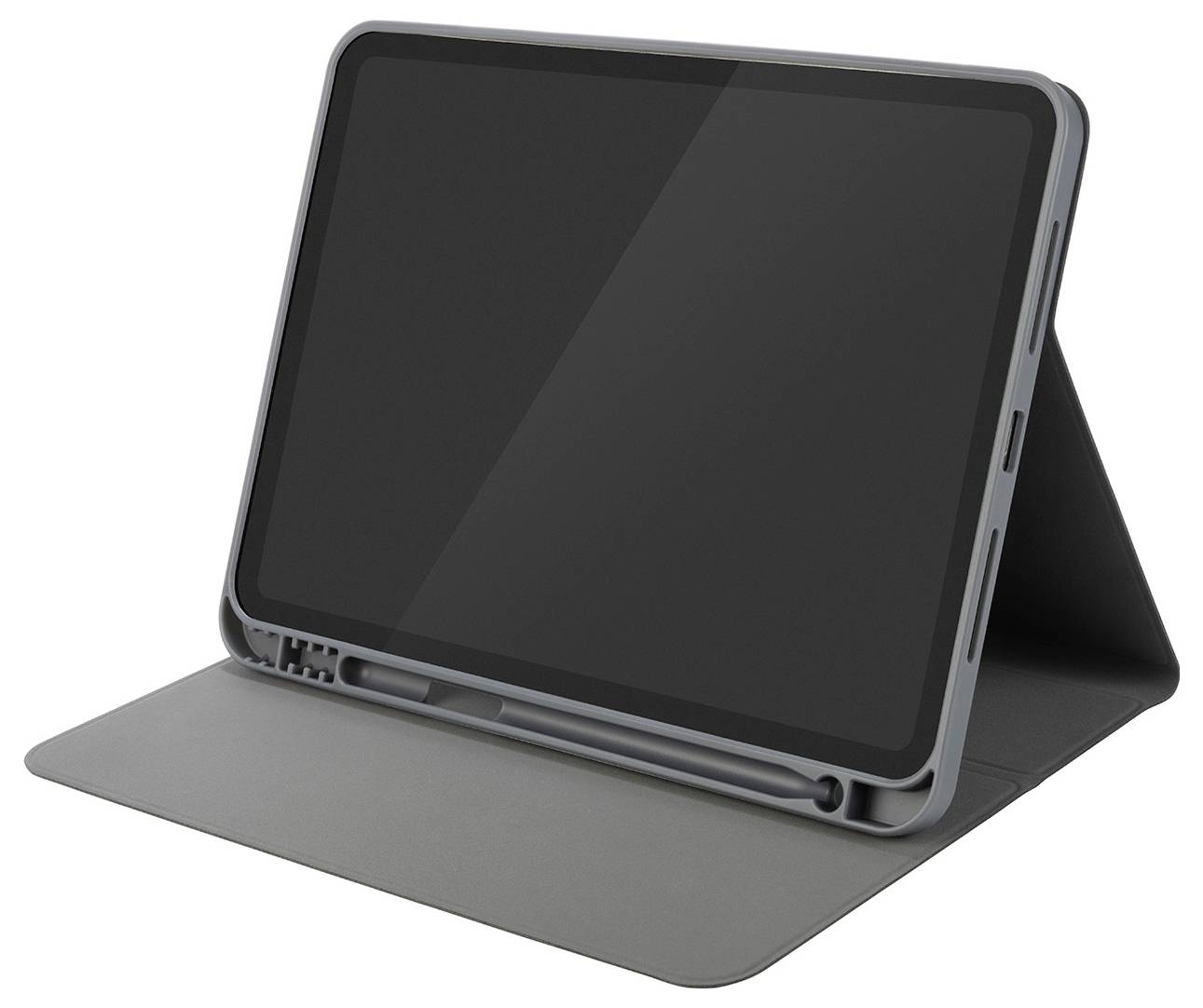 Tablet in a gray folding folio case with front cover folded into a stand, shown on a white background.